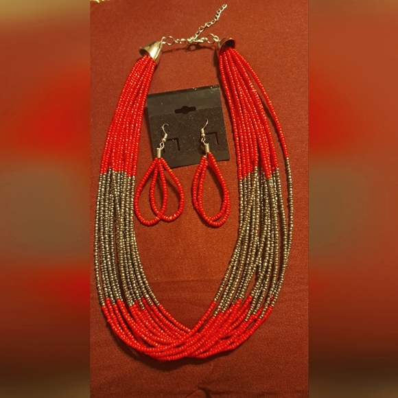 Jewelry - Red and charcoal beaded necklace/ earrings set